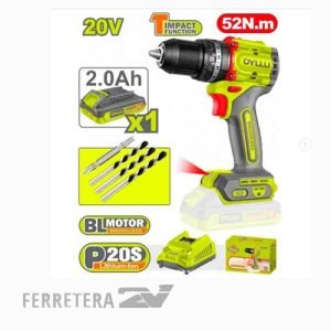 TALADRO PERCUTOR 2000rpm 20v BL 52Nm (cargador y bat.) DYLLU*